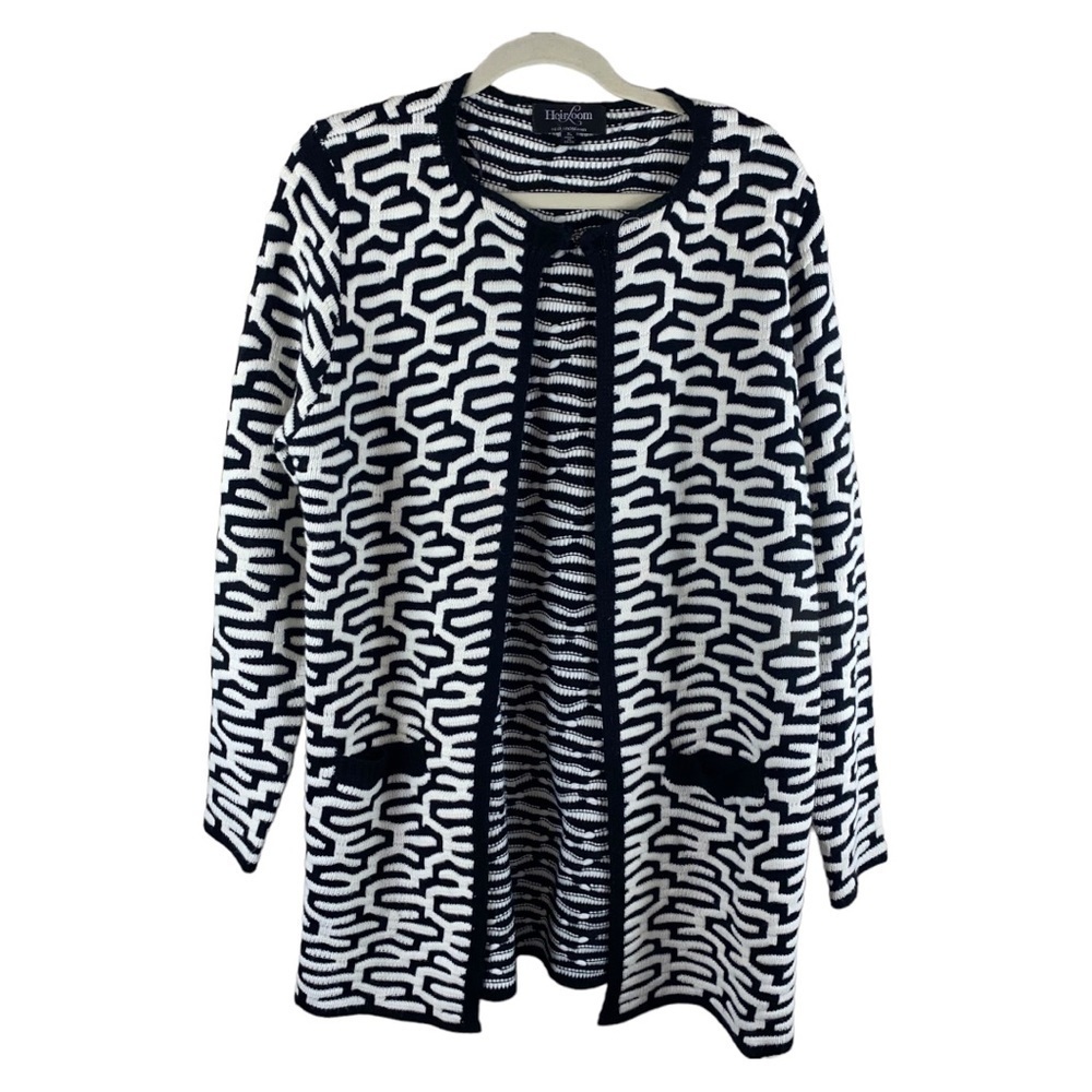 Heirloom Women’s Black White Open Front Hook/Eye Closure Sweater‎ Cardigan Sz XL